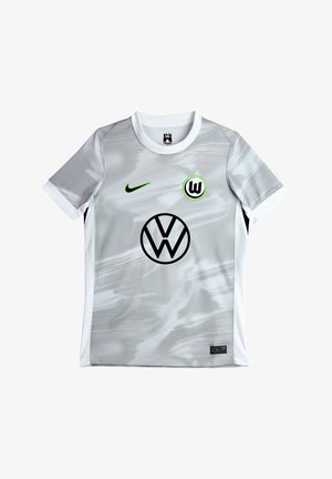 Maillot de football gris clair en tissu respirant. Présente des accents foncés, le logo Nike et un graphique noir de Volkswagen sur le devant.