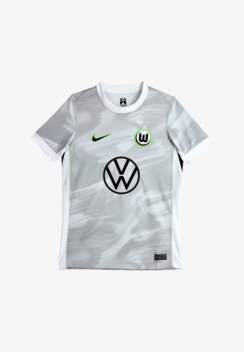 Maglietta da calcio grigia chiara realizzata in tessuto traspirante. Presenta accenti scuri, logo Nike e grafica nera Volkswagen sul davanti.