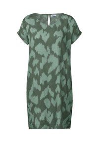 Vihreä lyhythihainen mekko, jossa on V-mallinen kaula-aukko ja takana avainreikä. Mekossa on abstrakti vaaleanvihreä kuvio tekstuuripinnoituksessa.