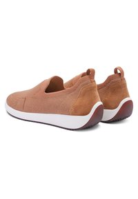 Brown slip-on shoes with a textured knit upper and suede accents, featuring a white midsole and brown rubber outsole.