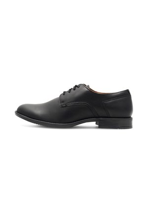 Schwarze Leder-Schuh mit glattem Finish, runder Zehenform, Schnürverschluss und niedrigem Blockabsatz. Mit subtilen Nähdetails.
