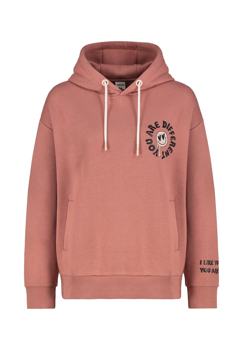 Staubrosa Kapuzenpullover mit Kordelzug, großer Fronttasche und schwarzem Text: "DU BIST ANDERS" und "ICH MAG DICH SO, WIE DU BIST."