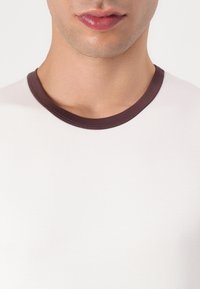 White T-shirt with a dark brown ribbed crew neckline, featuring a smooth texture and a fitted design, focusing on the collar and upper chest area.