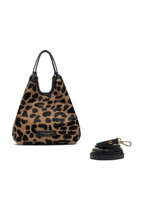 Borsa a tracolla con stampa leopardata realizzata in materiale testurizzato, con dettagli neri e due manici, accompagnata da una tracolla nera removibile.