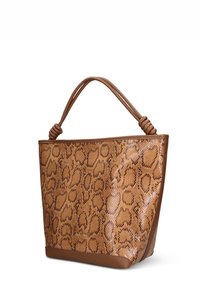 Borsa tote marrone in similpelle con motivo a stampa serpente testurizzata e manici annodati. Forma quadrata con base piatta per stabilità.