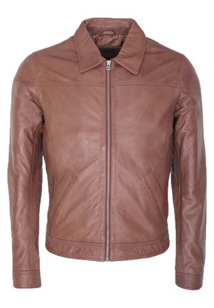 Brown leather jacket with a pointed collar, front zipper, and two side pockets; features smooth texture and fitted design.