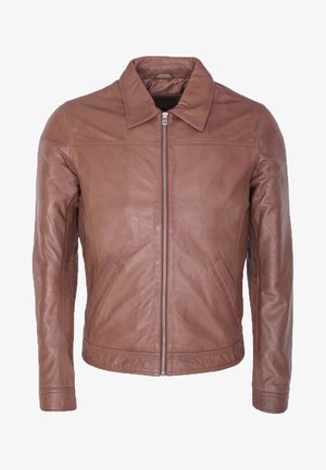 Giacca di pelle marrone con colletto appuntito, zip frontale e due tasche laterali; presenta una texture liscia e un design aderente.