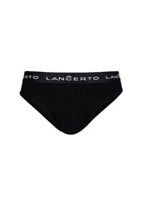 Czarne bawełniane majtki o klasycznym kroju z szerokim elastycznym pasem, na którym znajduje się biały napis "LANCERTO". Gładka faktura, bez widocznego wzoru.