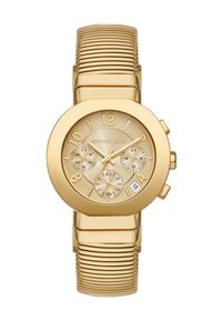 Reloj metálico en tono dorado con una esfera redonda, dial texturizado, marcadores de numerales grandes, tres subesferas y una correa estriada. Pantalla de fecha a las 6 en punto.