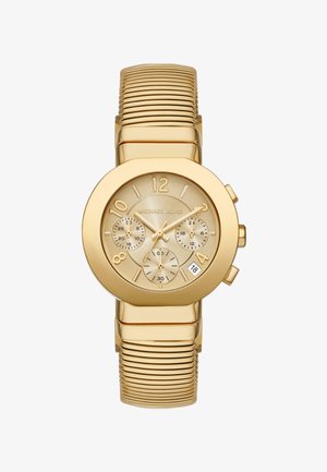 Orologio in metallo dorato con quadrante rotondo, dial testurizzato, grandi marcatori numerici, tre sottodial e cinturino rigato. Display della data alle 6.