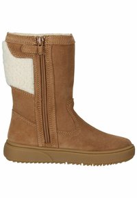 Braune Wildleder-Ankle-Boots mit einem strukturierten, flauschigen Seitenpaneel. Verfügt über doppelte Reißverschlüsse und eine Gummisohle für Traktion. Innenfutter sorgt für Wärme.