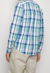 Blauw-wit geruit overhemd met lange mouwen en een afgeronde onderzoom. Beschikt over verschillende tinten blauw en groen, met een knoopsluiting bij de manchetten.