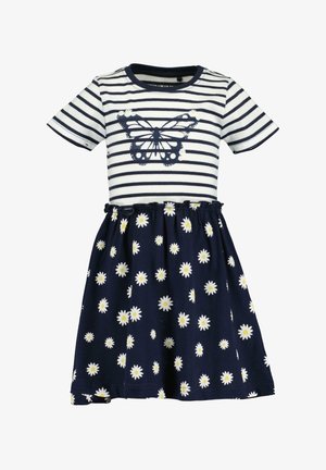 Kortærmet kjole med striber og sommerfuglegrafik på overdelen; marineblå nederdel prydet med hvide margueritter; elastisk talje, bomuldstof.