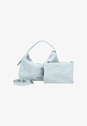 Sac à main en cuir bleu clair avec poignée supérieure, bandoulière amovible assortie et petite pochette zippée, le tout marqué NeroGiardini.