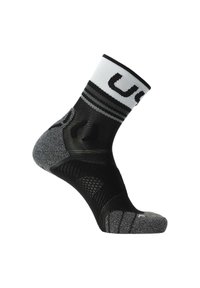 Black athletic sock with a white cuff, gray heel, and toe. Features mesh texture and branding on the cuff. Designed for comfort and breathability.
