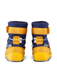 Blauwe en gele kinderlaarzen met een zacht bovenwerk, klittenbandsluitingen en een gestructureerde rubberen zool. Bevat een waterdicht GORE-TEX label.