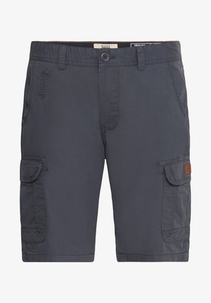 Pantaloni cargo navy realizzati in tessuto leggero, con due tasche laterali, due tasche frontali e una toppa in pelle marrone con il logo.