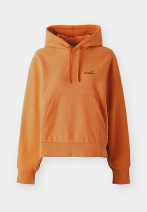 Orange cotton hoodie with a front pouch pocket, ribbed cuffs and hem, adjustable drawstring hood, and embroidered logo detail on chest.