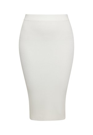 Geribbelde witte kokerrok met een getailleerd ontwerp, een elastische tailleband, een knielange snit en een soepele textuur. Geen zichtbare patronen of hardware.