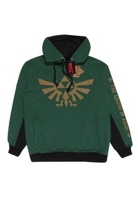 Zelená mikina s kapucí s designem zlatého Triforce na přední straně, černými akcenty na rukávech a kapuci a textem "LEGEND OF ZELDA."