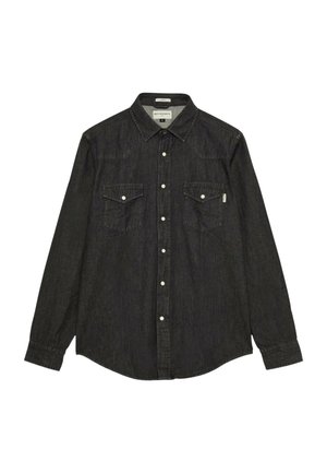 Zwarte lange mouwen denimshirt met puntkraag, drukknopen aan de voorkant en twee borstzakken met knoopkleppen.