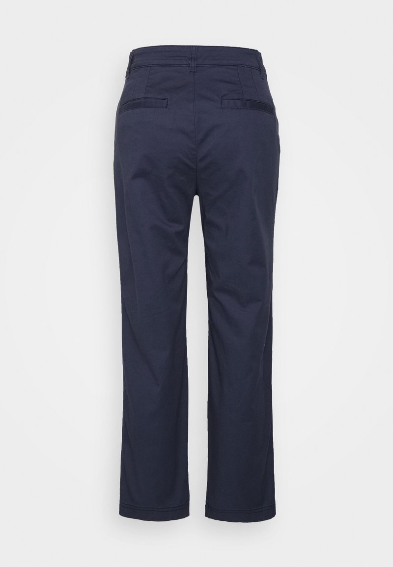 Pantalons navy avec une coupe droite, fabriqués en tissu mélangé de coton. Comprend deux poches arrière et des détails cousus au bas.
