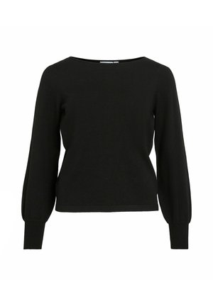 Pull en maille noir à manches longues avec encolure bateau, poignets ajustés et coupe décontractée sur fond blanc uni.