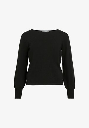 Pull en maille noir à manches longues avec encolure bateau, poignets ajustés et coupe décontractée sur fond blanc uni.