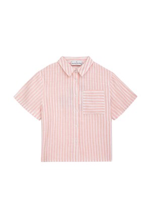 Kurzärmeliges Hemd mit Knopfleiste, rosa und weißen vertikalen Streifen und einer Brusttasche mit horizontalen Streifen.