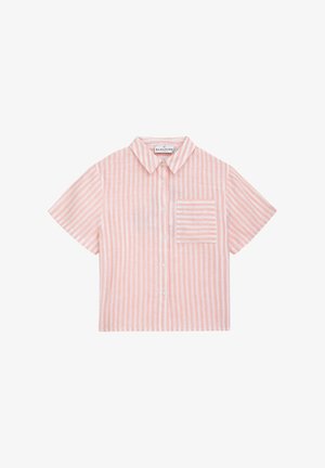 Kurzärmeliges Hemd mit Knopfleiste, rosa und weißen vertikalen Streifen und einer Brusttasche mit horizontalen Streifen.