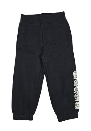 Pantaloni sportivi neri realizzati in un tessuto testurizzato, con vita a coste, tasche laterali e dettagli bianchi decorati lungo una gamba.