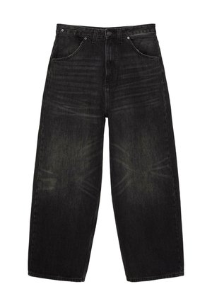 Crne široke traperice s prednjim džepovima, omčama za remen i suptilnim izblijedjelim detaljima na bedrima i koljenima.