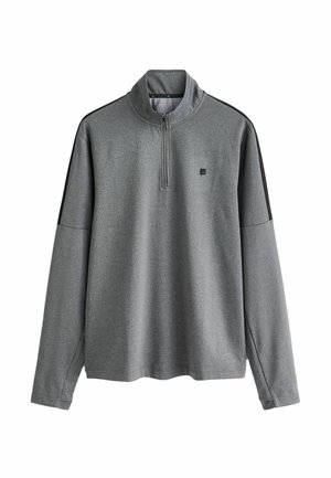 Sudadera gris con cierre de media cremallera, mangas largas y acentos en negro en los hombros. Tejido suave con un acabado texturizado.