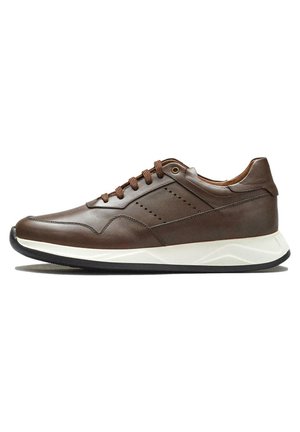 Brązowe skórzane sneakersy o smukłym designie, z brązowymi oczkami, białą podeszwą pośrednią i teksturowanymi akcentami na górze.
