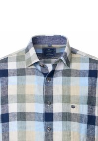 Męska koszula krótki rękaw w kratę w odcieniach niebieskiego, zielonego i beżowego. Wykonana z bawełny, z kołnierzykiem button-down oraz kieszenią na piersi z detalem logo.