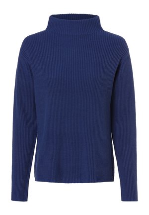 Pull en maille côtelée bleu marine à manches longues avec col montant, présenté sur fond blanc.