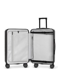 Zwarte harde koffer met een grijze binnenkant, voorzien van twee compartimenten, ritszakken en vier wielen voor mobiliteit.