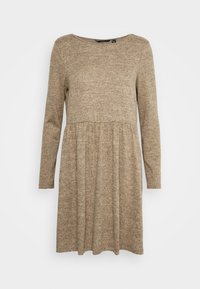 Langärmliges Kleid aus einem weichen, strukturierten braunen Stoff mit Rundhalsausschnitt und ausgestelltem Rock, mit einer Naht an der Taille.