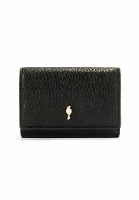 Czarny skórzany portfel o teksturowanym wykończeniu, prostokątnym kształcie, akcesoriach w złotym kolorze oraz wytłoczonym logo z przodu.