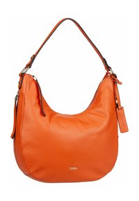 Sac à bandoulière en cuir orange avec surface texturée, bandoulière unique, fermeture éclair dorée et petit logo de marque doré à l'avant.