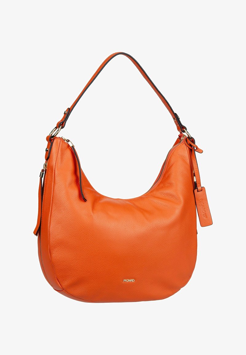 Orange Leder Umhängetasche mit strukturierten Oberflächen, einzelne Tragriemen, goldener Reißverschluss und kleinem goldenen Markenlogo auf der Vorderseite.