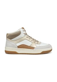 Baskets montantes en cuir blanc avec des accents en daim beige et métalliques. Présentent des panneaux texturés et une semelle en caoutchouc gomme.