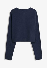 Navyblauer, kurz geschnittener Pullover mit langen Ärmeln, geripptem Ausschnitt und Saum, aus weichem Strickmaterial gefertigt, mit lockerer Passform und glatter Textur.