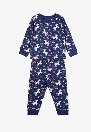 Kinder-Set aus marineblauem Langarmshirt und Hose mit weißen Einhörnern, rosa Mähnen, Regenbögen, Blumen und Regentropfenmuster.