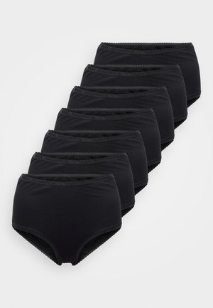 Culottes noires en coton par lot de huit. Présentent une bordure en dentelle autour de la taille, avec une coupe taille haute et une texture lisse.