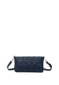 Borsa in pelle blu navy con motivo a rombi trapuntato, forma rettangolare e tracolla staccabile. Dettagli in metallo argentato.