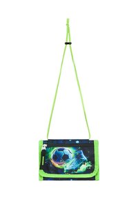 Small fabric crossbody bag featuring a blue and green soccer design, with vibrant accents, a zip closure, and a green adjustable strap.