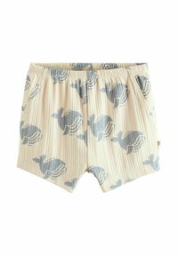 Ljust beige shorts med ribbat mönster, med ett upprepande mönster av blå valar och en elastisk midja för enkelt bruk.