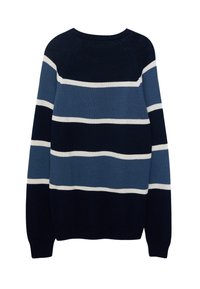 Blå och marintröjd randig stickad tröja med rund hals och långa ärmar. Ribbad mudd och nederkant; har växlande breda och smala ränder.