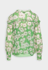 Groene bloemenblouse met een doorzichtige, gestructureerde stof met witte papaverafdrukken, een gerimpelde halslijn en lange mouwen met verzamelde manchetten.